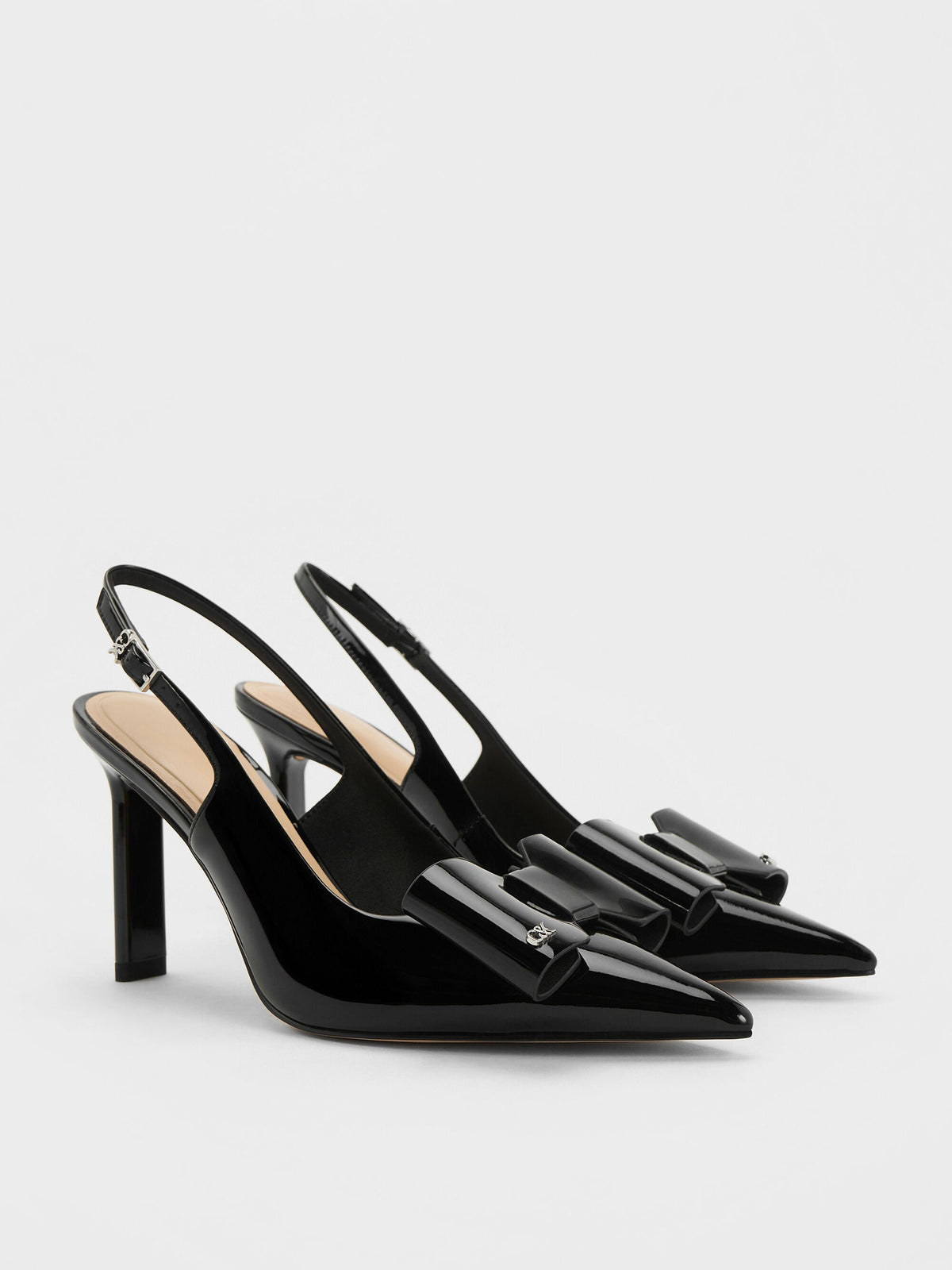 CHARLES & KEITH New | Lu Patent Leather Bow Slingback Pumps - Black Patent