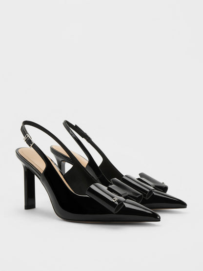 CHARLES & KEITH New | Lu Patent Leather Bow Slingback Pumps - Black Patent
