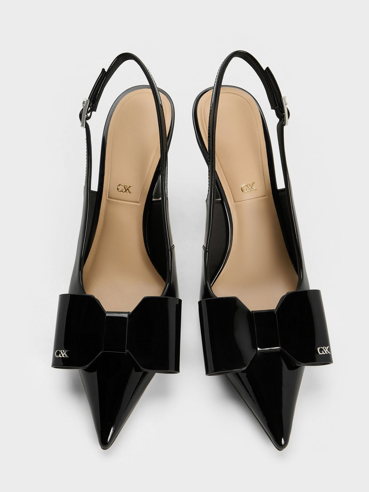 CHARLES & KEITH New | Lu Patent Leather Bow Slingback Pumps - Black Patent