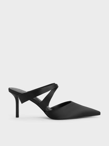 CHARLES & KEITH Top Pick | Satin Pleated-Strap Heeled Mules - Black Textured