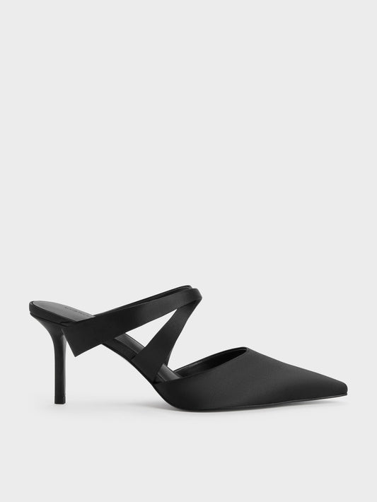 CHARLES & KEITH Top Pick | Satin Pleated-Strap Heeled Mules - Black Textured