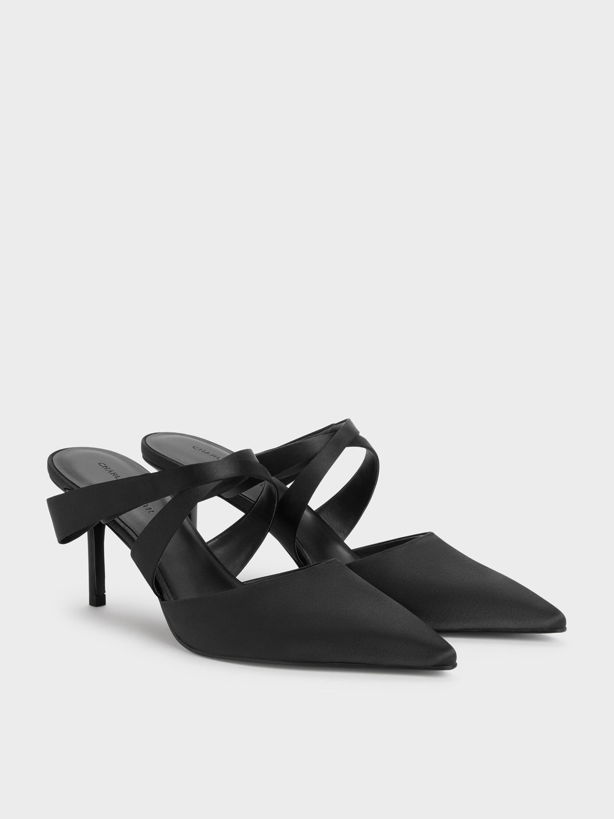 CHARLES & KEITH Top Pick | Satin Pleated-Strap Heeled Mules - Black Textured