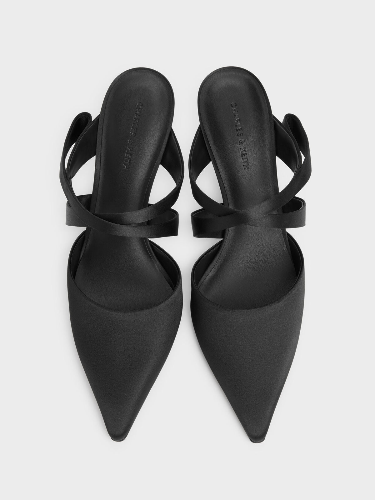 CHARLES & KEITH Top Pick | Satin Pleated-Strap Heeled Mules - Black Textured