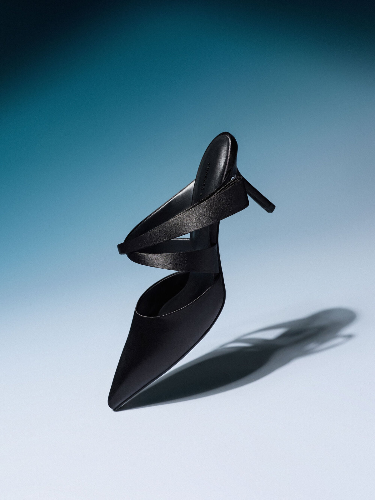 CHARLES & KEITH Top Pick | Satin Pleated-Strap Heeled Mules - Black Textured