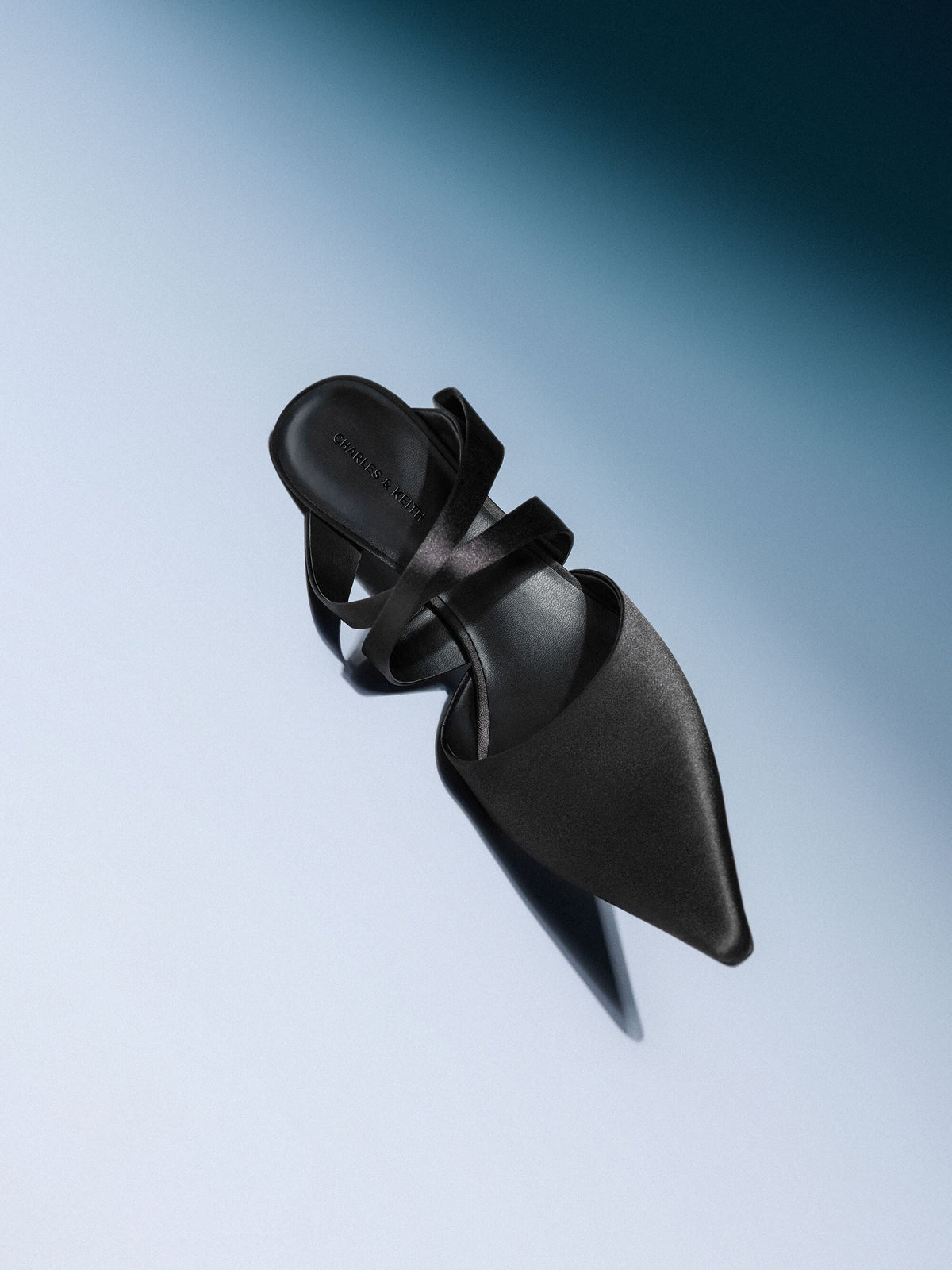 CHARLES & KEITH Top Pick | Satin Pleated-Strap Heeled Mules - Black Textured