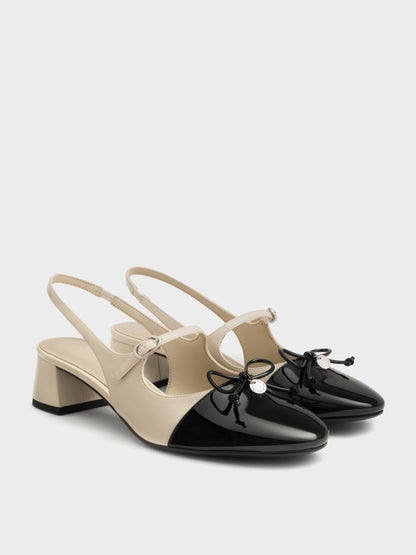 CHARLES & KEITH Discount | Two-Tone Patent Bow Slingback Pumps - Chalk
