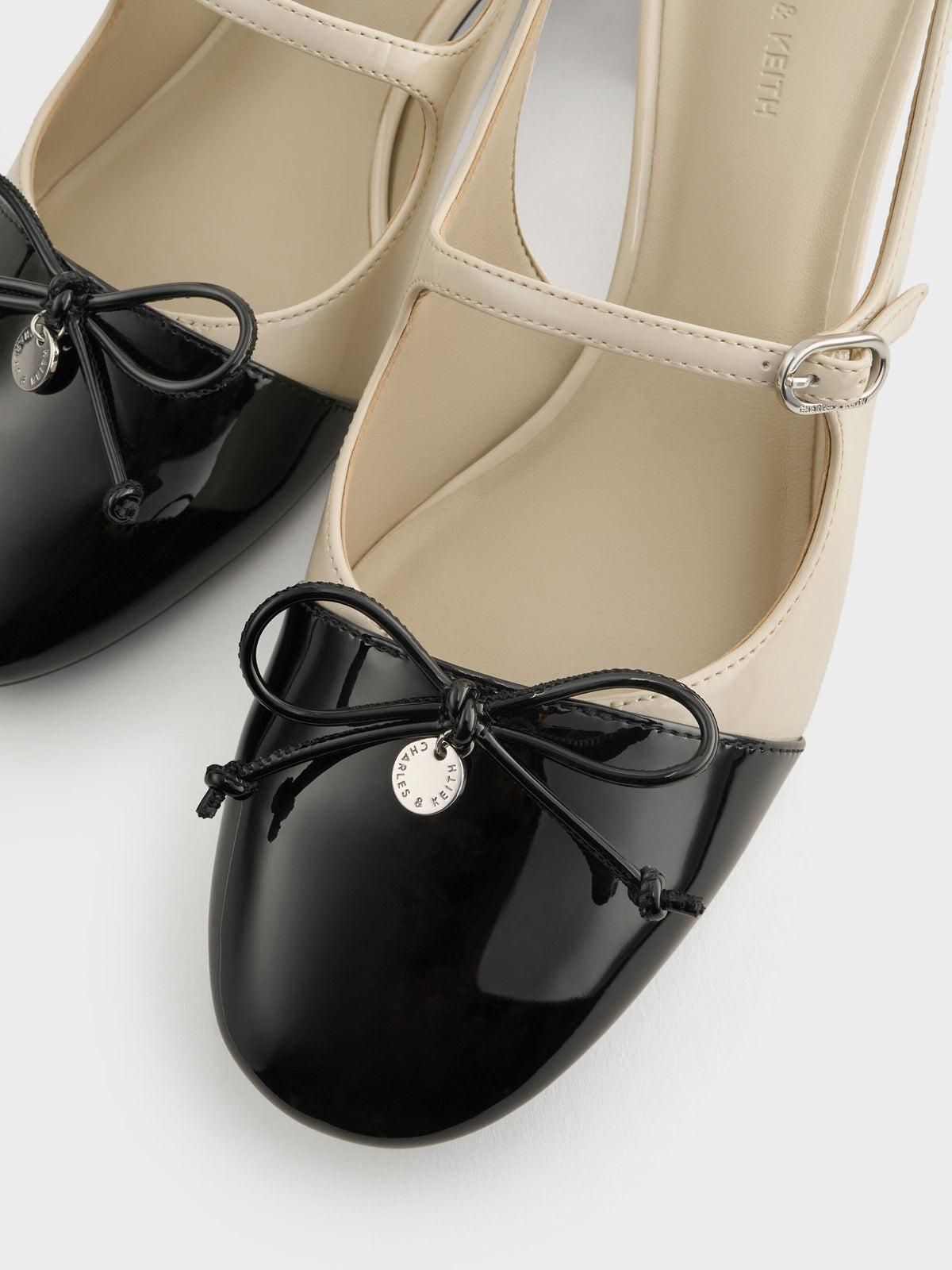 CHARLES & KEITH Discount | Two-Tone Patent Bow Slingback Pumps - Chalk