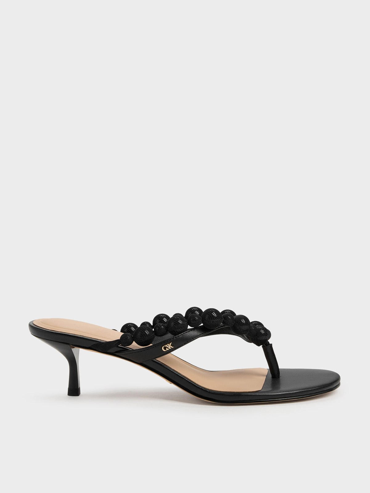 CHARLES & KEITH Value | Leather Beaded Thong Kitten Heels - Black
