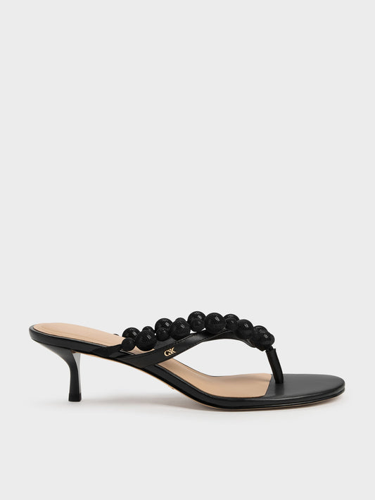 CHARLES & KEITH Value | Leather Beaded Thong Kitten Heels - Black