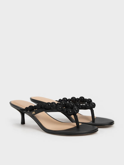 CHARLES & KEITH Value | Leather Beaded Thong Kitten Heels - Black
