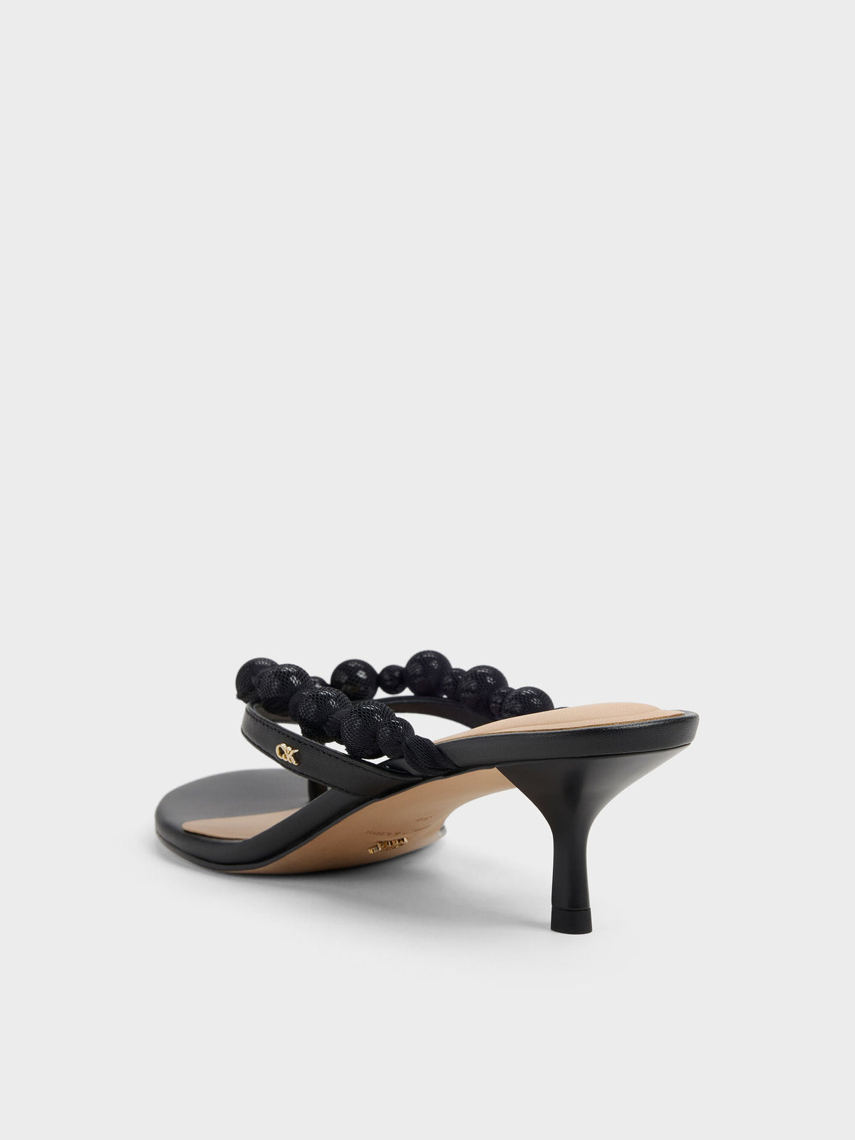 CHARLES & KEITH Value | Leather Beaded Thong Kitten Heels - Black