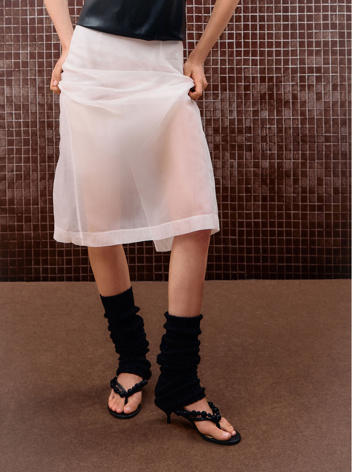 CHARLES & KEITH Value | Leather Beaded Thong Kitten Heels - Black