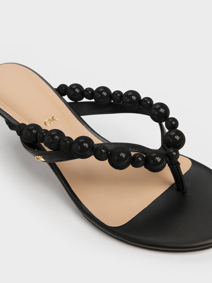 CHARLES & KEITH Value | Leather Beaded Thong Kitten Heels - Black