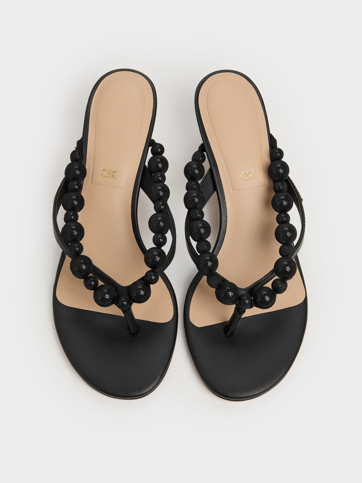 CHARLES & KEITH Value | Leather Beaded Thong Kitten Heels - Black