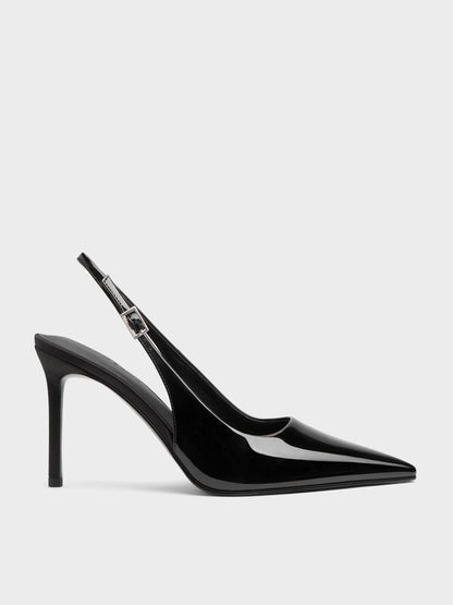 CHARLES & KEITH Essential | Patent Pointed Slingback Pumps - Black Patent