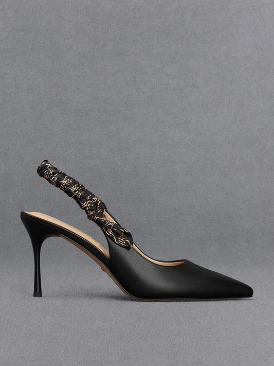 CHARLES & KEITH Classic | Tully Leather Ruched Print Slingback Pumps - Black
