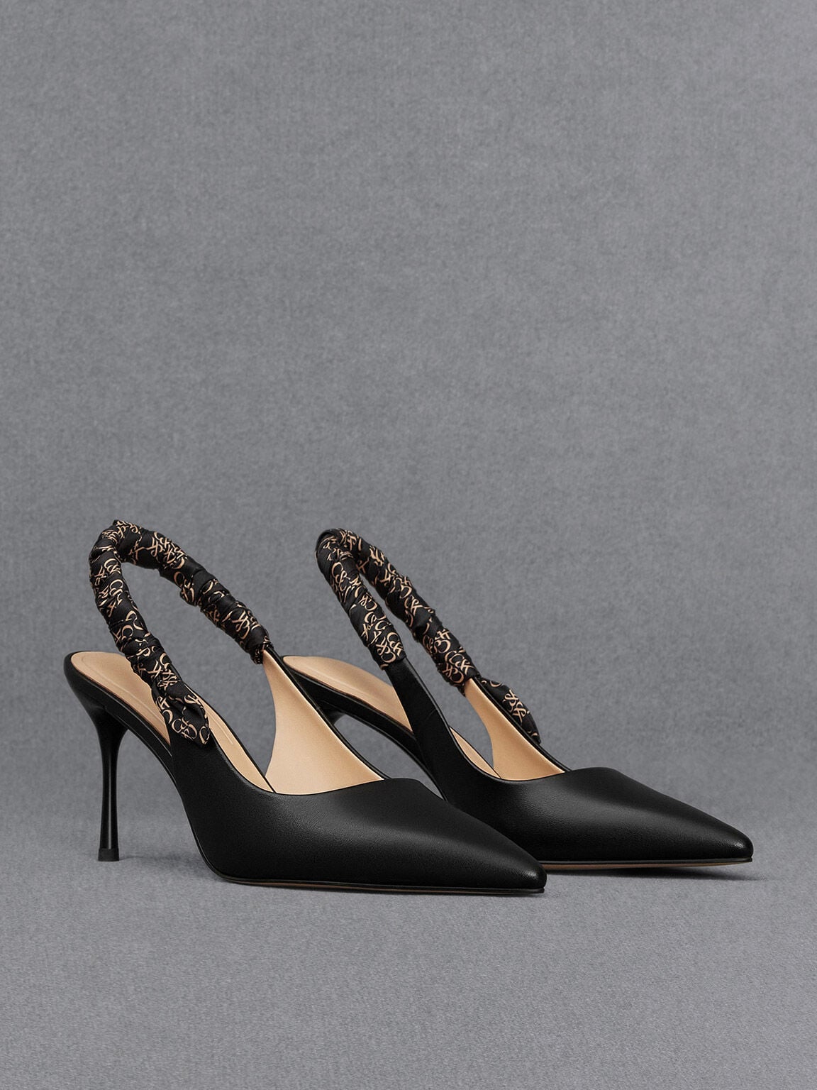 CHARLES & KEITH Classic | Tully Leather Ruched Print Slingback Pumps - Black
