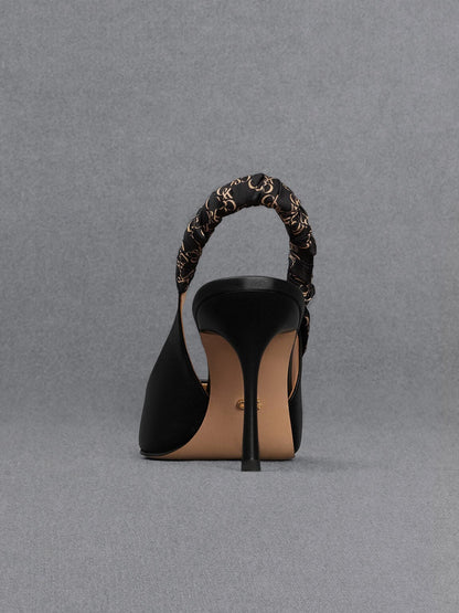 CHARLES & KEITH Classic | Tully Leather Ruched Print Slingback Pumps - Black