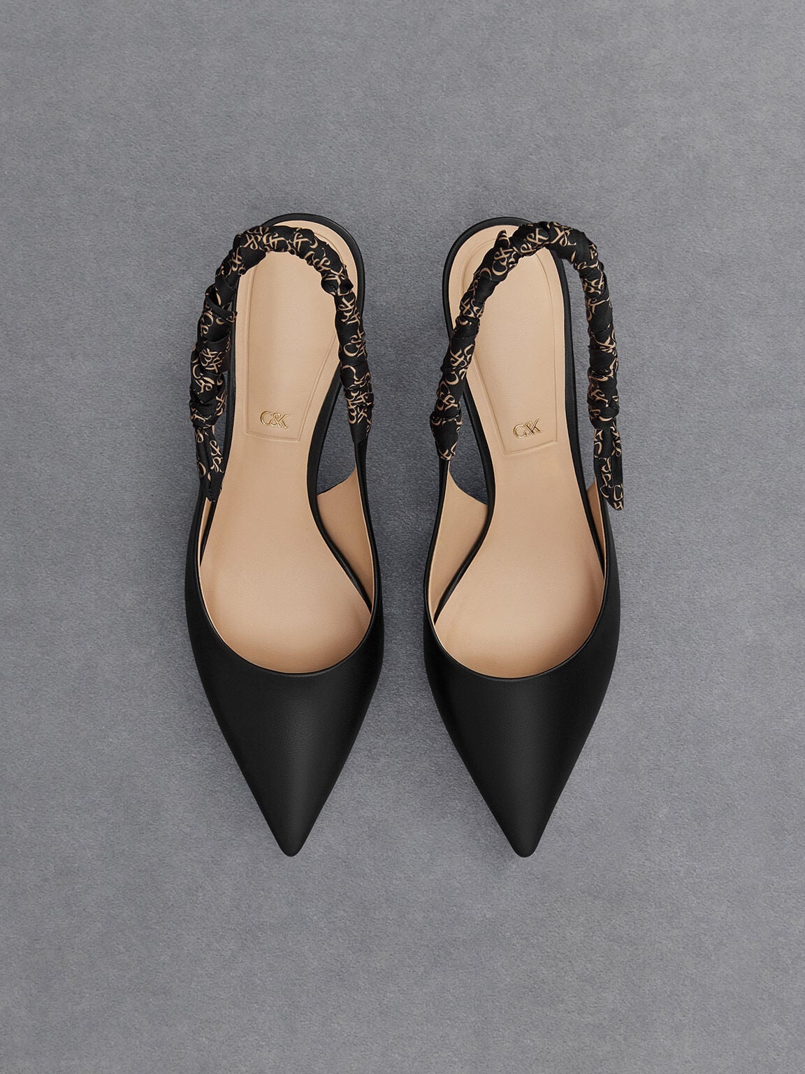 CHARLES & KEITH Classic | Tully Leather Ruched Print Slingback Pumps - Black