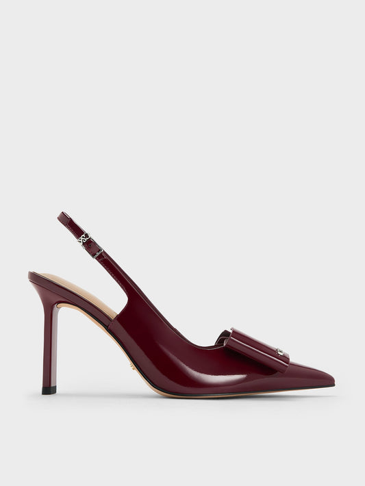 CHARLES & KEITH Hot Sale | Lu Patent Leather Bow Slingback Pumps - Burgundy