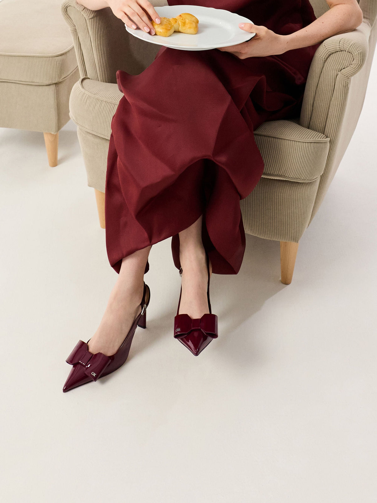 CHARLES & KEITH Hot Sale | Lu Patent Leather Bow Slingback Pumps - Burgundy