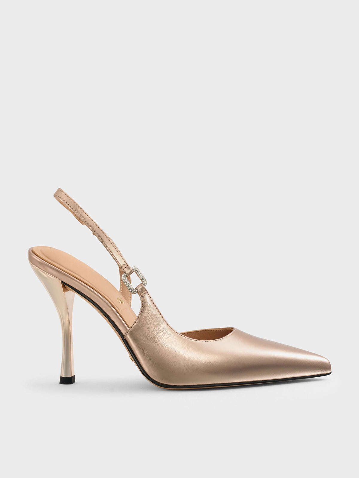 CHARLES & KEITH Quality | Metallic Leather Crystal-Buckle Slingback Pumps - Bronze
