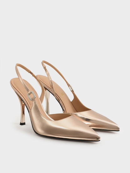 CHARLES & KEITH Quality | Metallic Leather Crystal-Buckle Slingback Pumps - Bronze