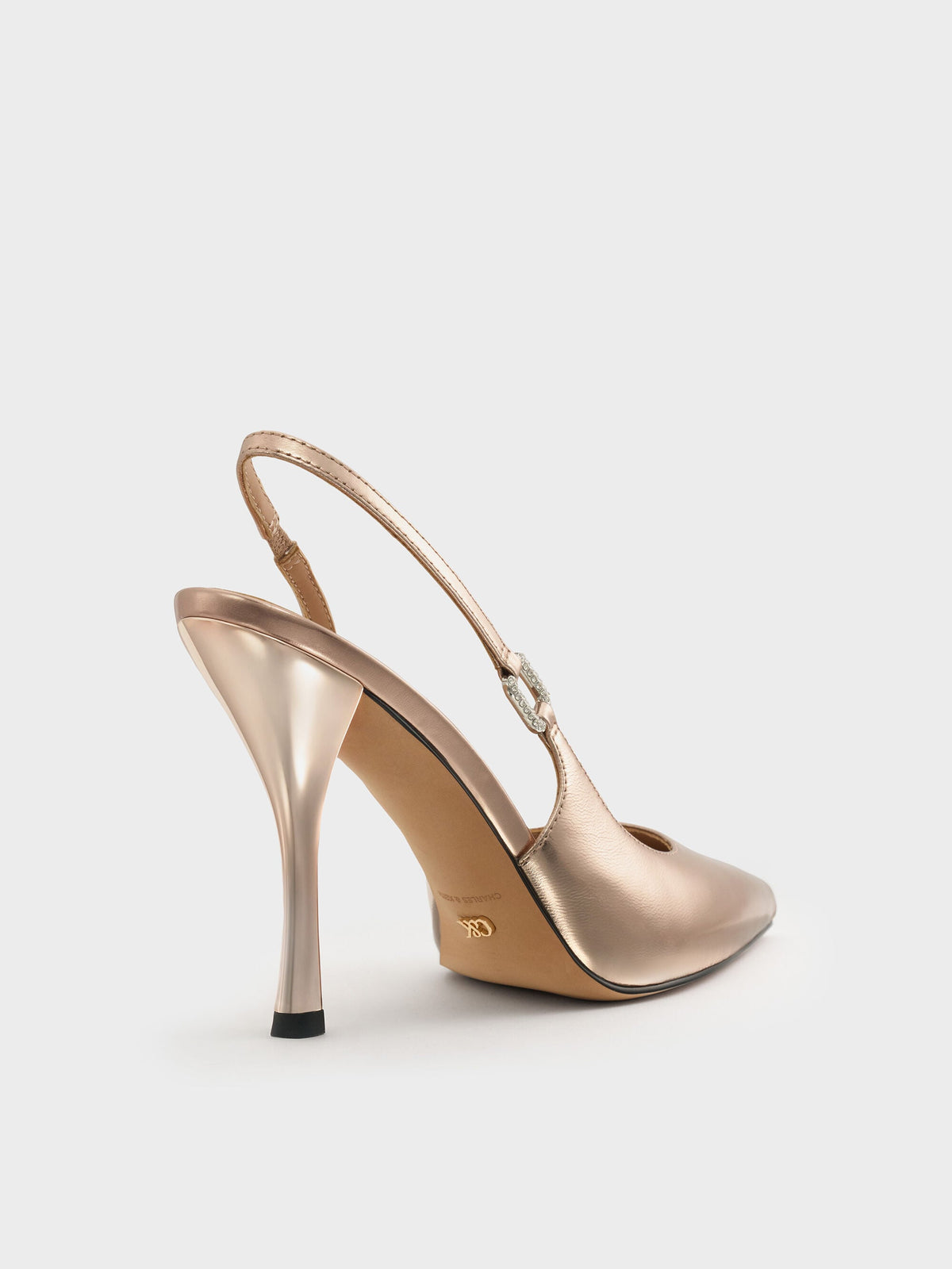 CHARLES & KEITH Quality | Metallic Leather Crystal-Buckle Slingback Pumps - Bronze