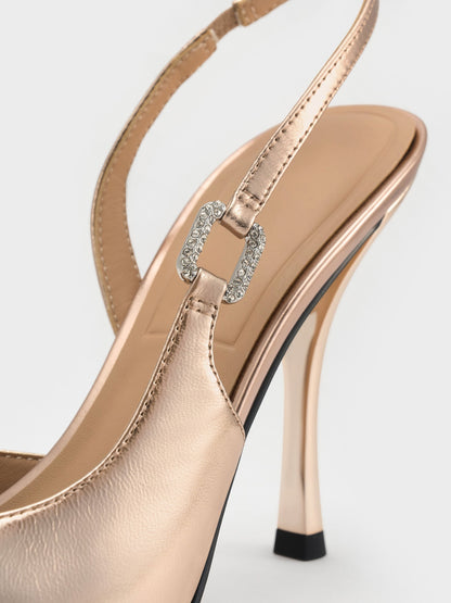 CHARLES & KEITH Quality | Metallic Leather Crystal-Buckle Slingback Pumps - Bronze