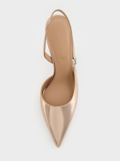 CHARLES & KEITH Quality | Metallic Leather Crystal-Buckle Slingback Pumps - Bronze