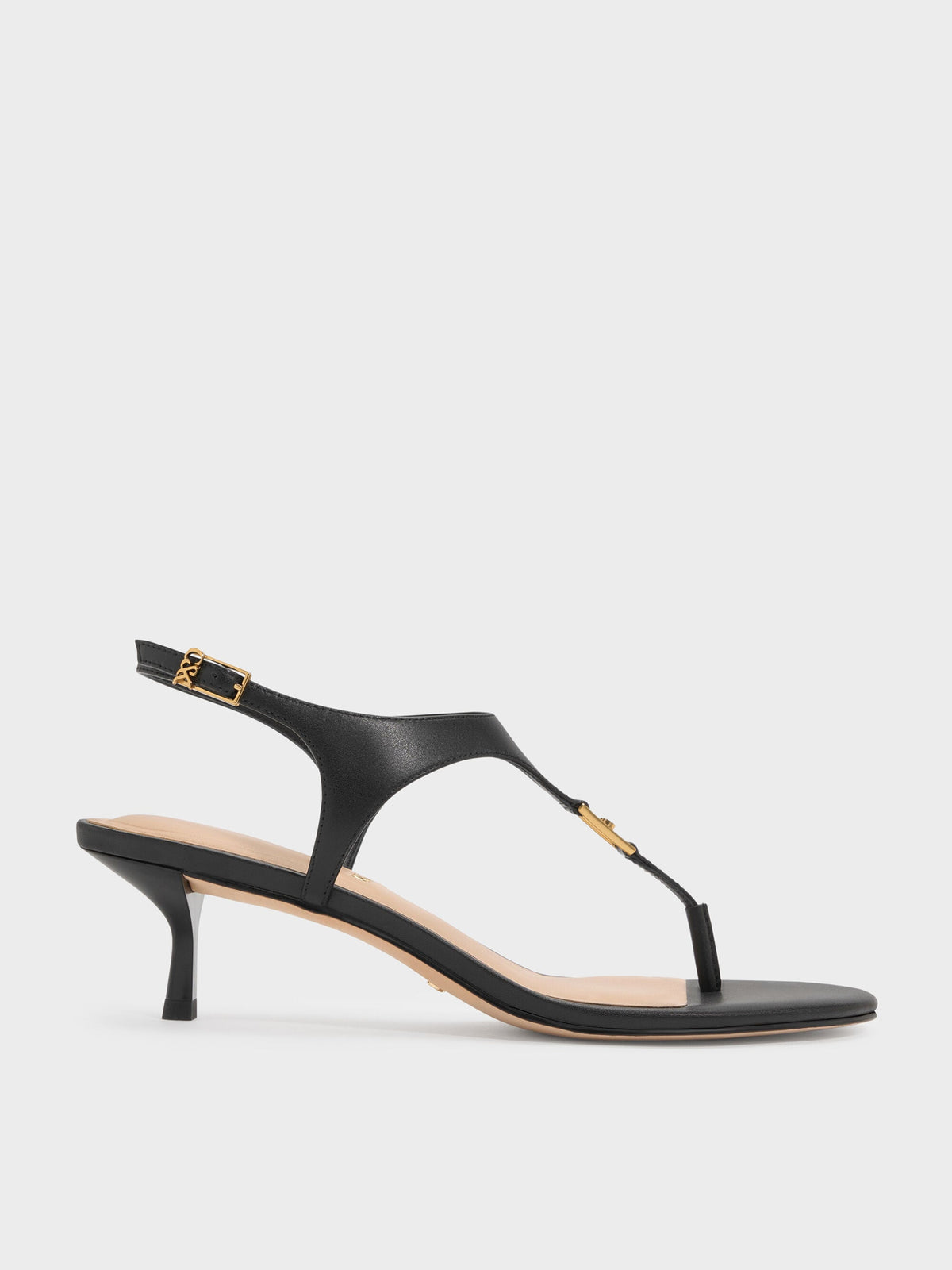 CHARLES & KEITH Quality | Leather Thong Kitten Heels - Black