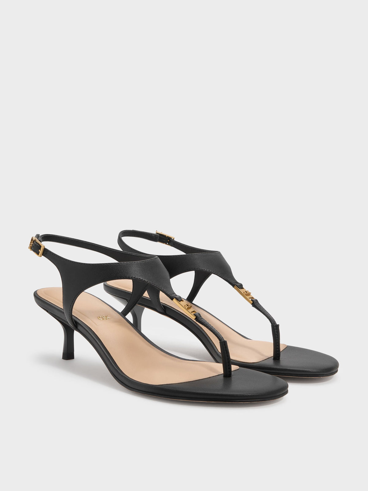 CHARLES & KEITH Quality | Leather Thong Kitten Heels - Black