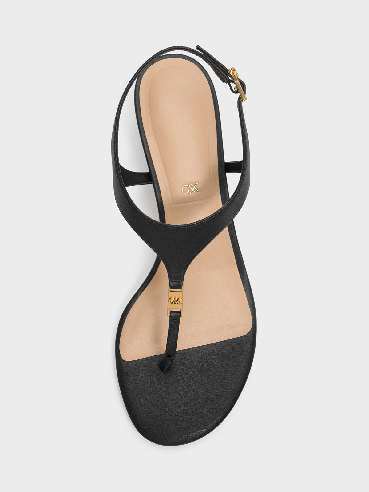 CHARLES & KEITH Quality | Leather Thong Kitten Heels - Black