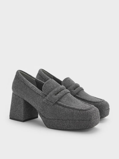 CHARLES & KEITH Trending | Felt Platform Penny Loafer Pumps - Grey