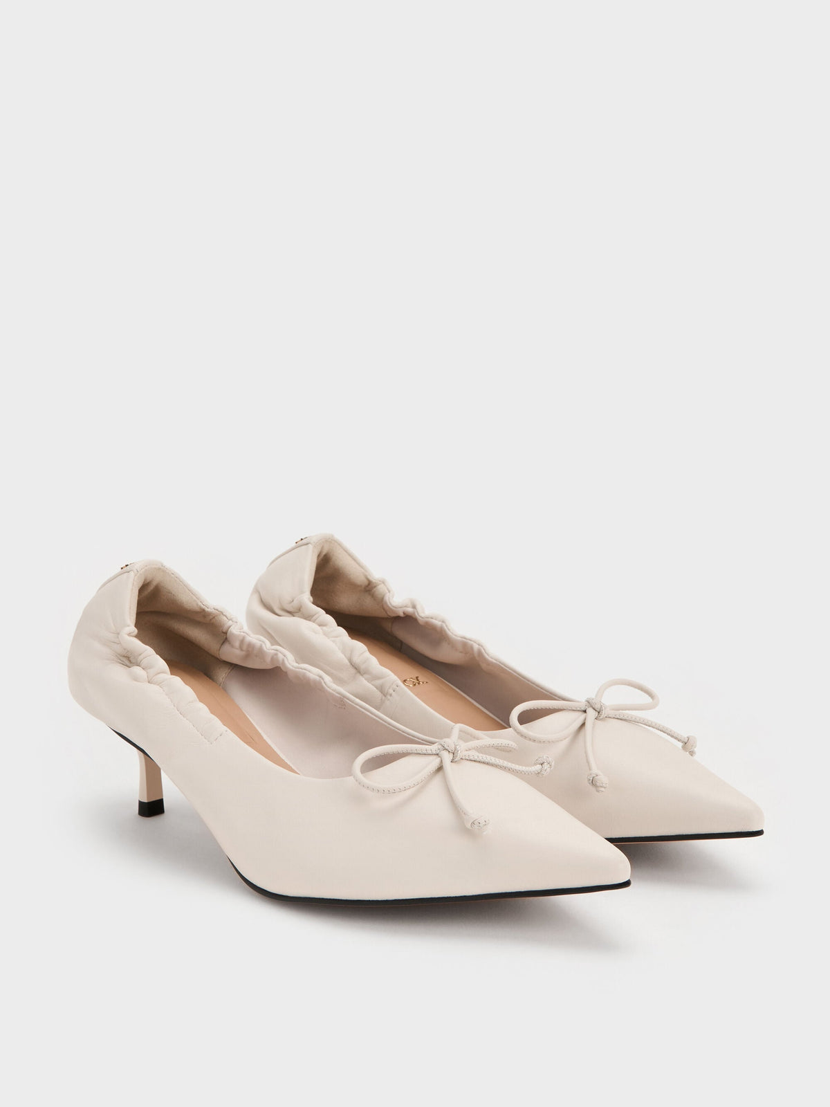 CHARLES & KEITH Featured | Leather Ruched Pointed Kitten Heels - Chalk