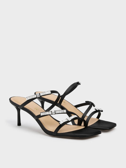 CHARLES & KEITH Trending | Jessy Gem-Bow Heeled Sandals - Black Textured