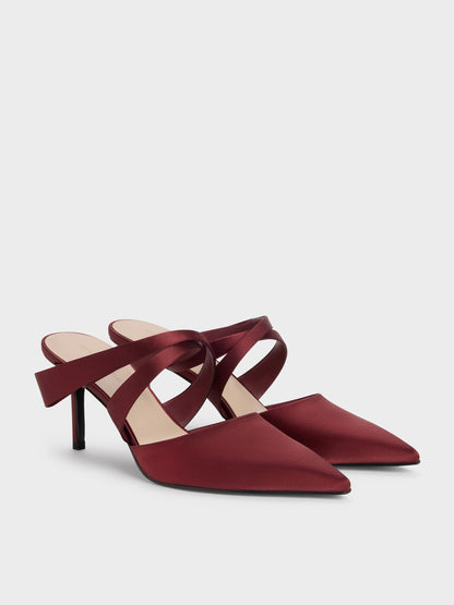 CHARLES & KEITH Exclusive | Satin Pleated-Strap Heeled Mules - Red