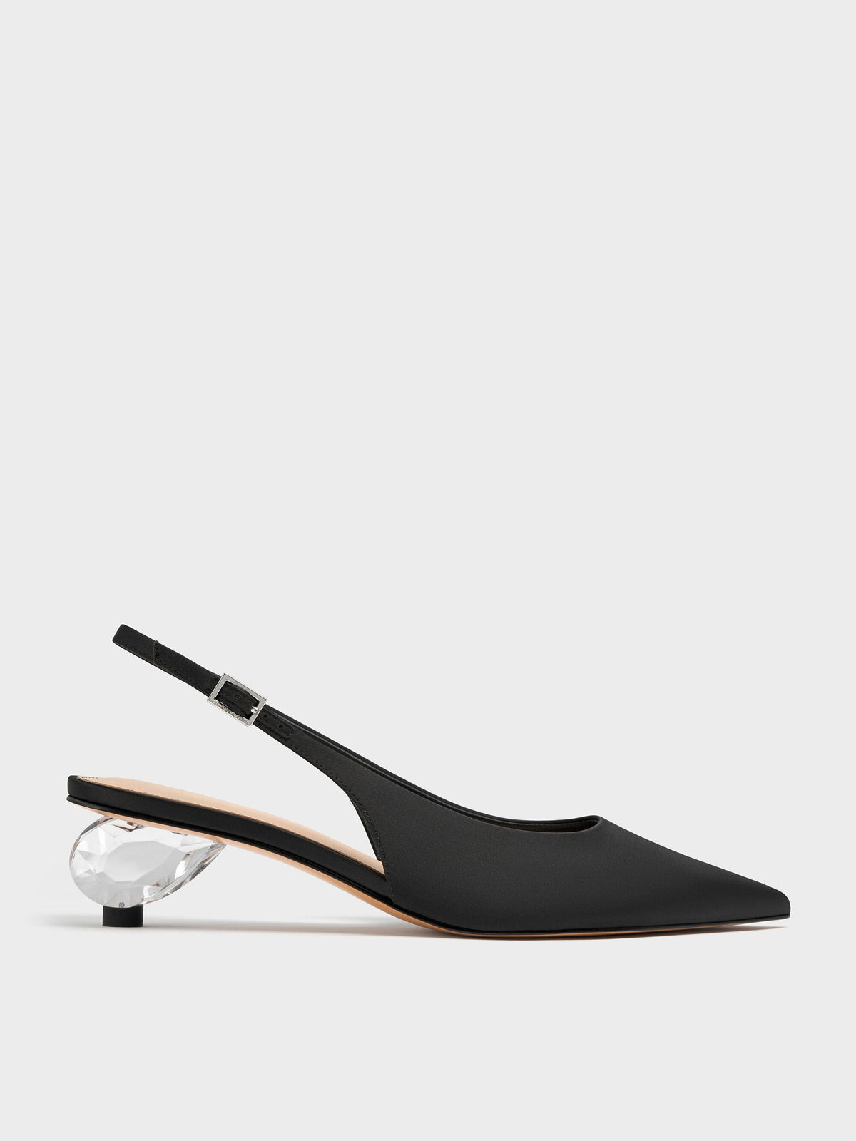 CHARLES & KEITH Trusted | Pointed Crystal-Heel Slingback Pumps - Black Textured
