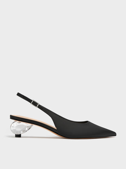 CHARLES & KEITH Trusted | Pointed Crystal-Heel Slingback Pumps - Black Textured