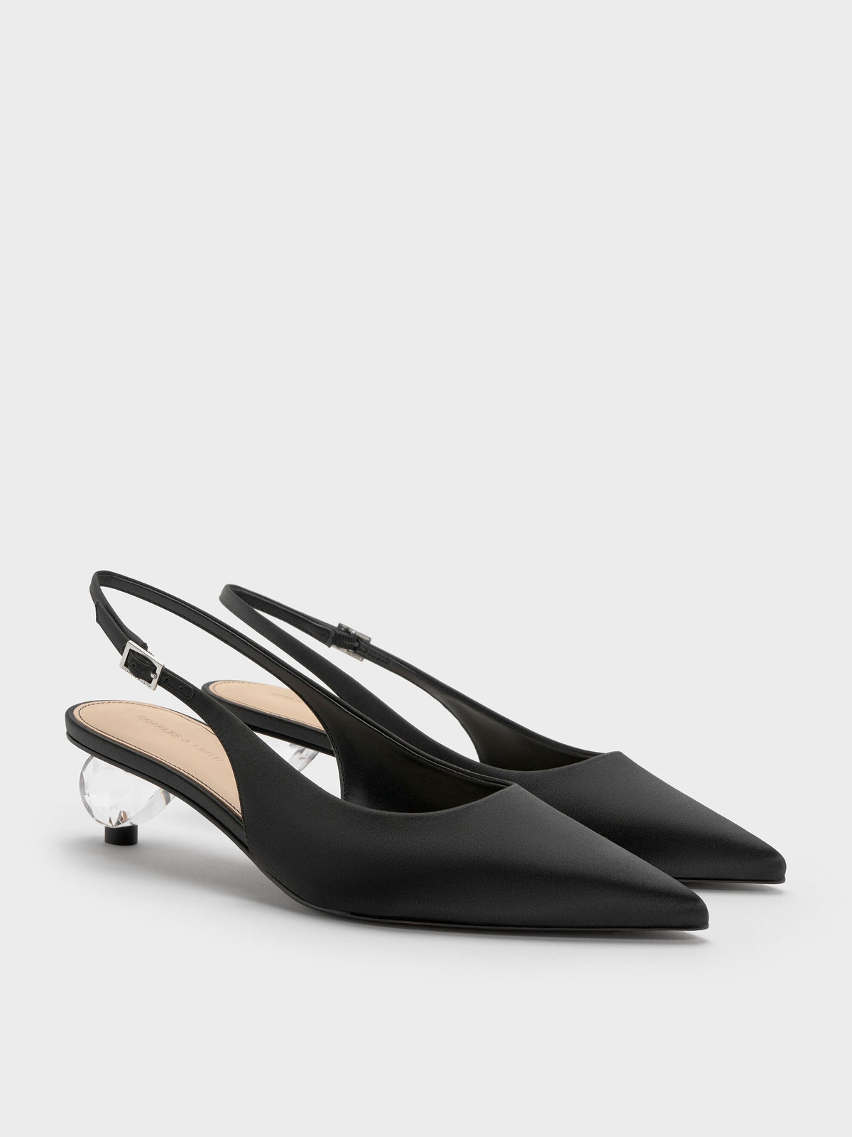 CHARLES & KEITH Trusted | Pointed Crystal-Heel Slingback Pumps - Black Textured