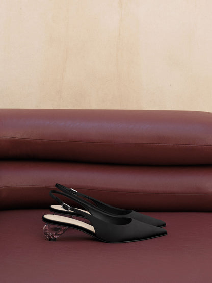 CHARLES & KEITH Trusted | Pointed Crystal-Heel Slingback Pumps - Black Textured