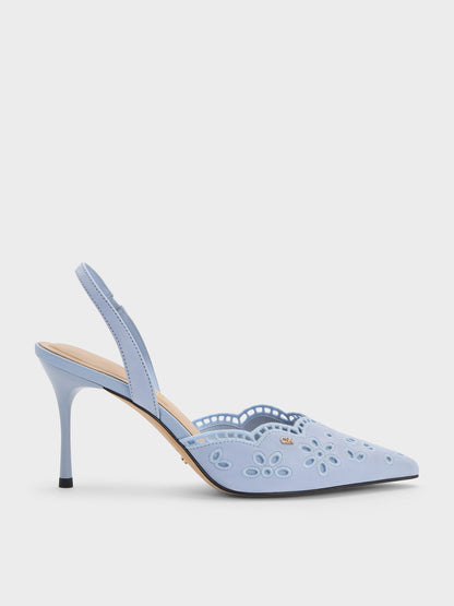 CHARLES & KEITH Smart Buy | Leather Embroidered Pointed Slingback Pumps - Light Blue