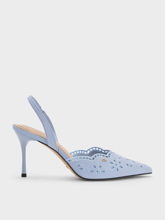 CHARLES & KEITH Smart Buy | Leather Embroidered Pointed Slingback Pumps - Light Blue
