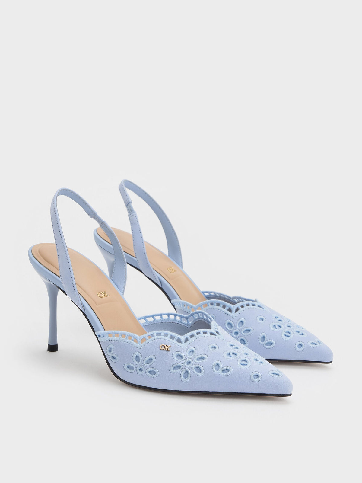 CHARLES & KEITH Smart Buy | Leather Embroidered Pointed Slingback Pumps - Light Blue