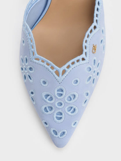 CHARLES & KEITH Smart Buy | Leather Embroidered Pointed Slingback Pumps - Light Blue