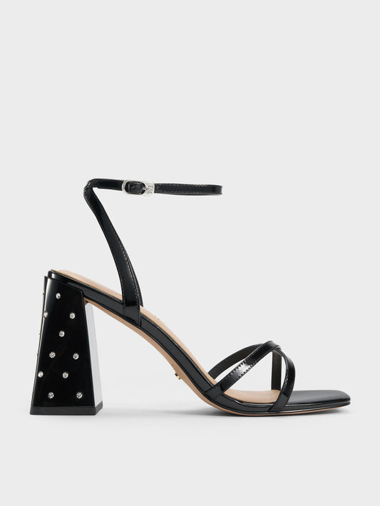 CHARLES & KEITH Special Offer | Emmaline Patent Leather Crystal Crossover Sandals - Black Patent