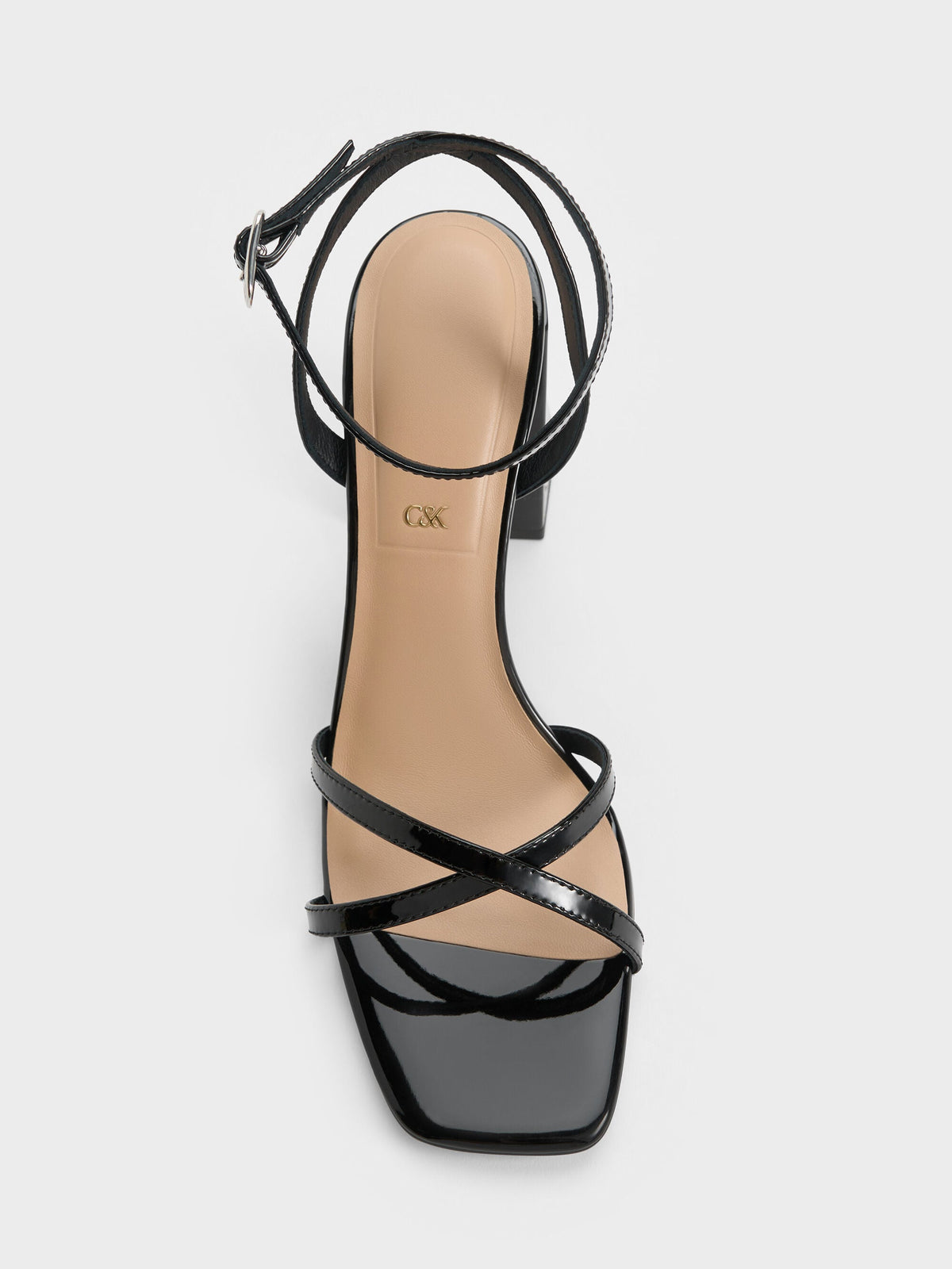 CHARLES & KEITH Special Offer | Emmaline Patent Leather Crystal Crossover Sandals - Black Patent