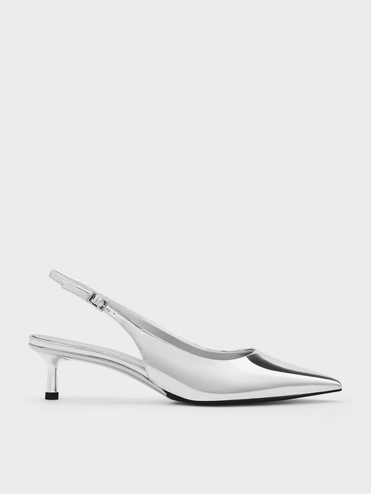CHARLES & KEITH Exclusive | Curtis Metallic Slingback Kitten Heels - Silver