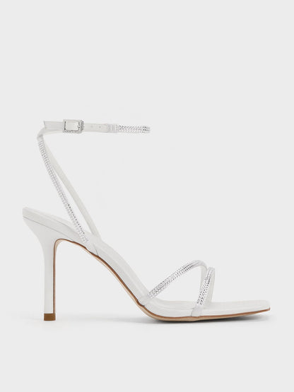CHARLES & KEITH New | Satin Crystal Stiletto Sandals - White