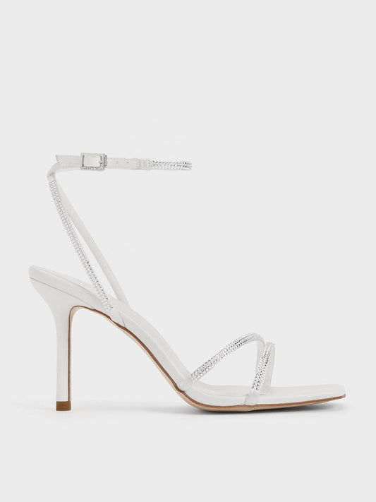 CHARLES & KEITH New | Satin Crystal Stiletto Sandals - White